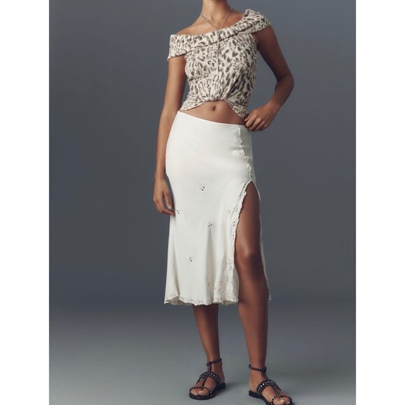 Pilcro Anthropologie Off-The-Shoulder Twist Rib Top Animal Print Size M Brown - Picture 4 of 9